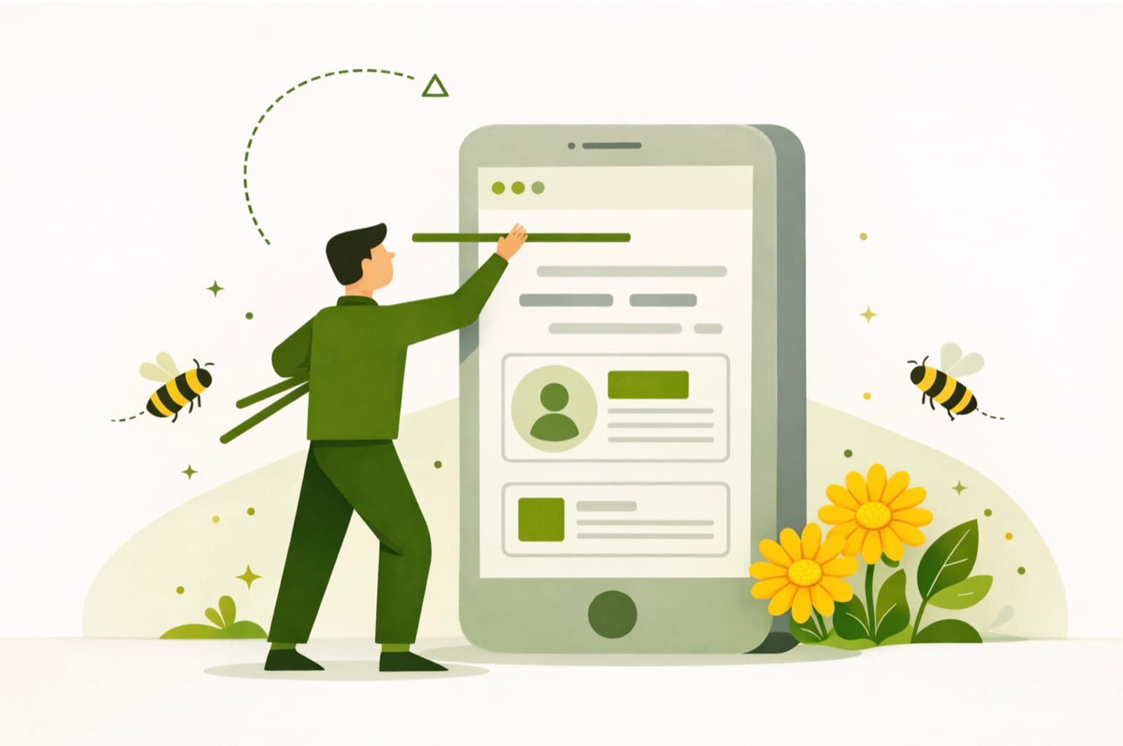 Illustration of an agent updating a large phone screen showing lead cards, with bees and a flower beside it.