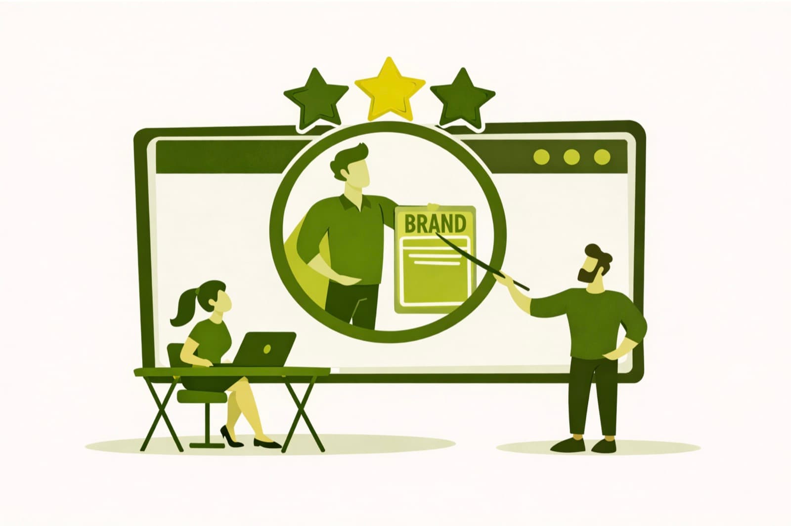 Illustration of an agent presenting a brand profile with star ratings while a customer reviews it on a laptop.